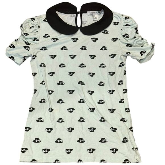 Y2K Forever 21 Mint Green Cartoon Print Peter Pan Collar Top Size Small - Picture 1 of 6